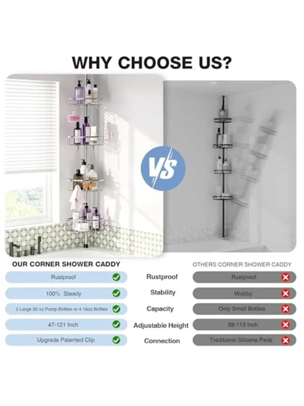 4 Tier Corner Shower Caddy Tension Pole Stainless Steel Bathroom Shelf Silver